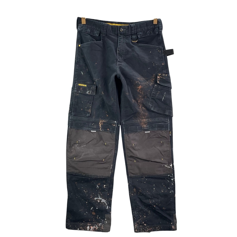 Caterpillar Cargo Work Pants Mens 32X31 Black Paint Splatter Distressed Utility